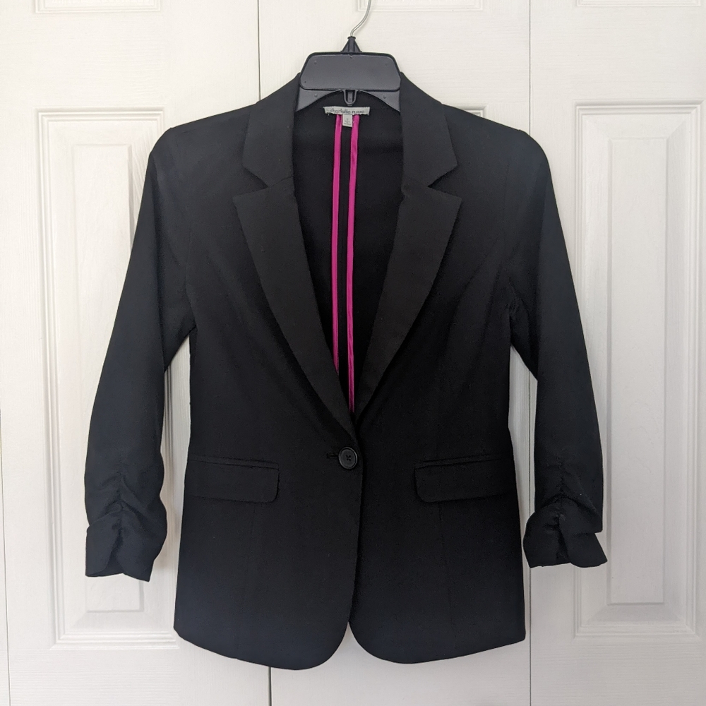 Black Blazer - 3/4 Ruched Sleeves, Ruffle Hem on Back - Charlotte Russe Small